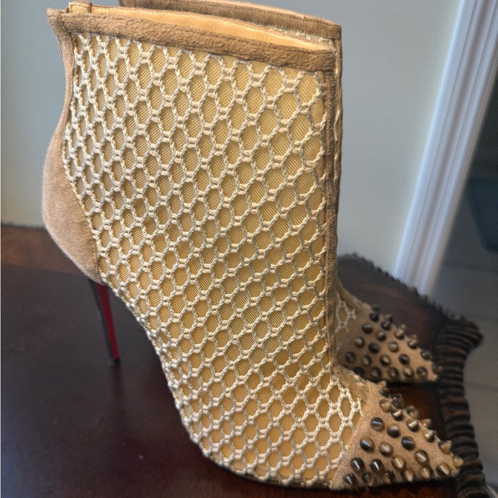Authentic Christian Louboutin Mesh Studded Accent Booties 39.5 Nude/Tan